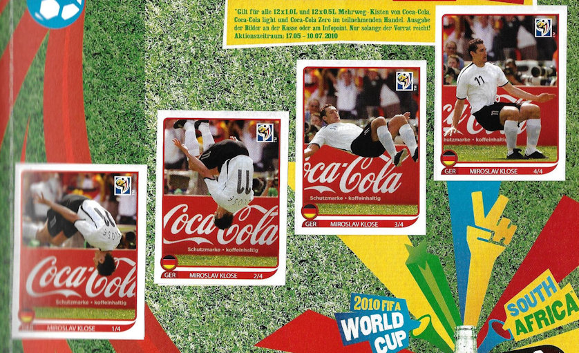 Album Sammelalbum Panini WM 2010 Südafrika Suedafrika South Africa 2010 World Cup Weltmeisterschaft Fußball-Weltmeisterschaft komplett WM 2010 Klose-Salto Coca-Cola